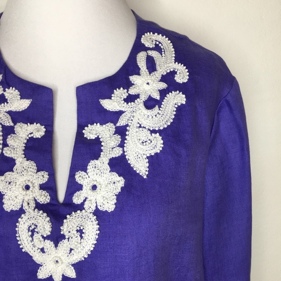 Talbots Medium Petite Linen V Neck Blouse Blue - Picture 4 of 8